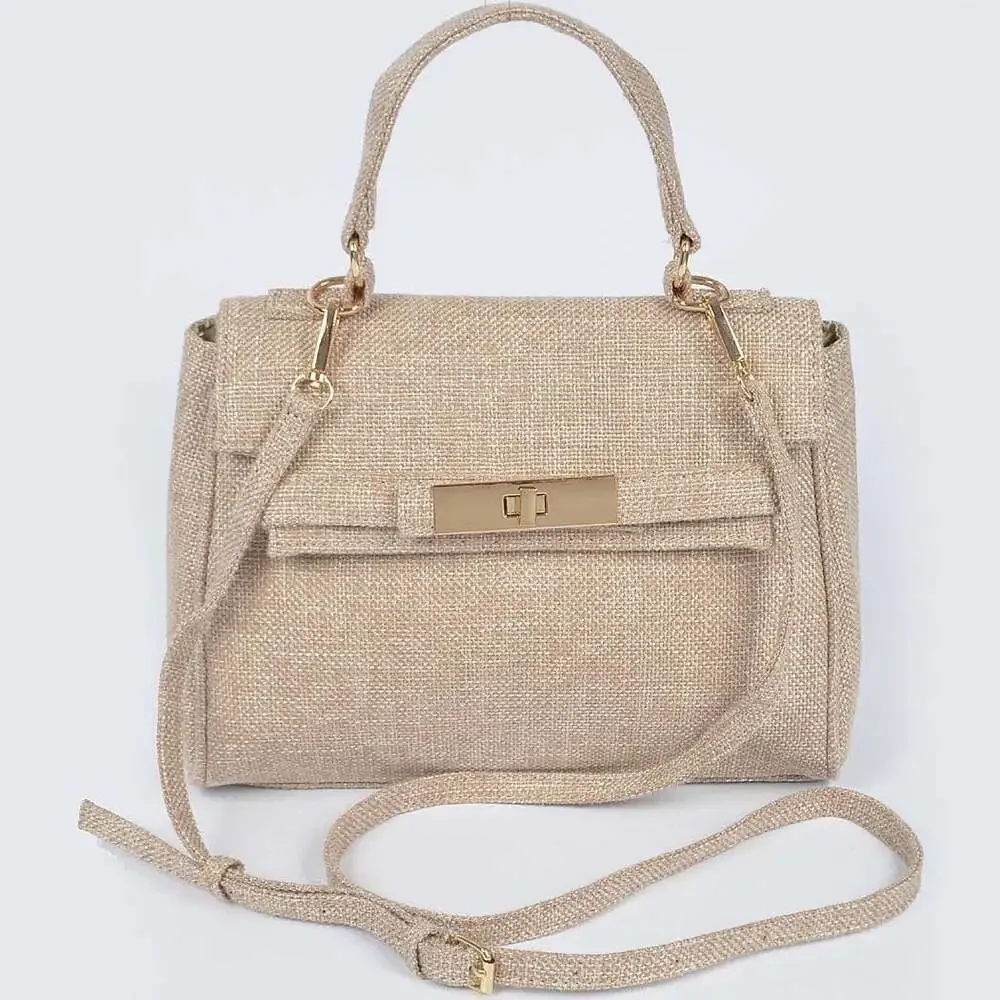 3AM Coastal Woven Natural Linen Satchel with Gold Hardware Crossbody Handbag